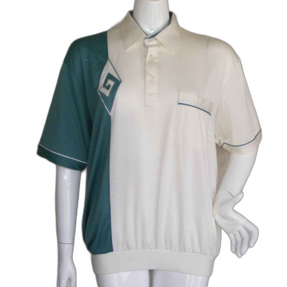 ALAN STUART Shirt, L, Green/White, Diamond Swirl, Short sleeve, Cuffed Waist